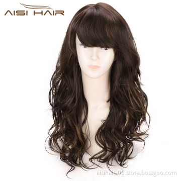 Aisi Hair Long Wavy Brown Bang Wig Heat Resistant Synthetic Hair Wig For Black White Women Fashion Cosplay Christmas Wigs